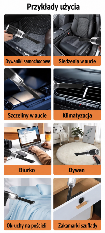Bezprzewodowy Odkurzacz Ręczny 9000Pa do Samochodu i Domu - Mini USB 1200mAh